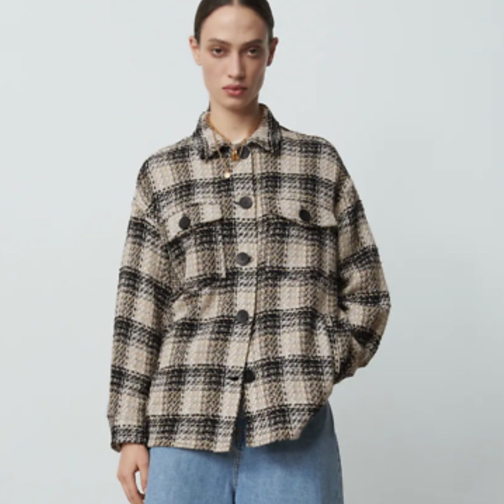 Zara Texture Check Overshirt Shacket Shirt Jacket Beige Black Size S